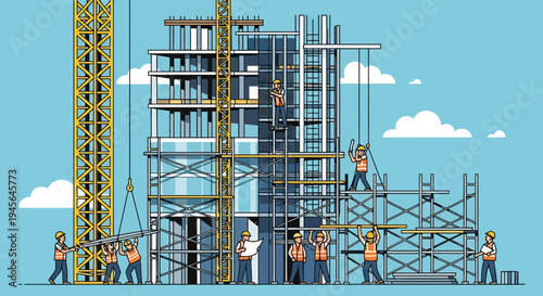 Construction Site Crew Building Modern Skyscraper with Crane on Blue Sky