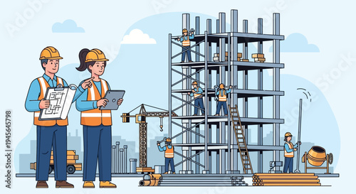 Construction Site Engineers Overseeing Building Development and Workers