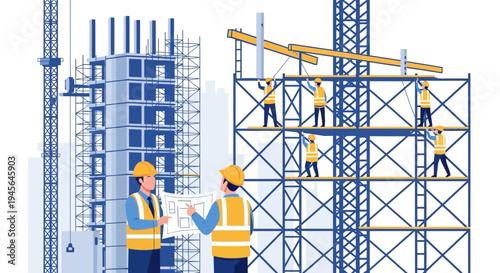 Construction Site Progress with Engineers and Workers