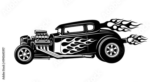 Vintage Hot Rod Car with Flames Illustration on White Background.