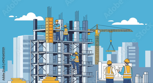 Construction Site Progress with Workers and Crane on Building Framework