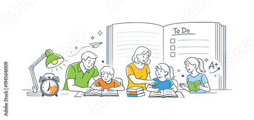 Family helping children with homework and studying at home. Parents attentively guide their children through homework assignments, fostering a supportive learning environment with