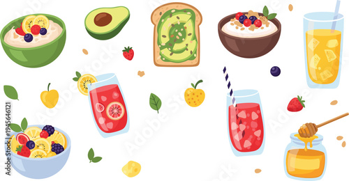 Healthy breakfast food collection with avocado toast oatmeal smoothie fresh juice fruits and honey colorful flat vector illustration isolated background