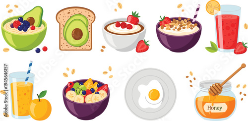 Healthy breakfast food set with avocado toast oatmeal yogurt fruit smoothie honey and fresh juice top view flat vector illustration