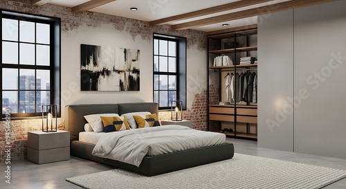 Modern loft bedroom interior design featuring a kingsize bed and open closet with city views
