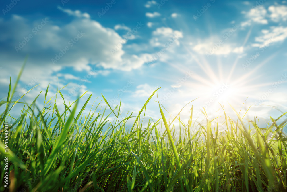 Fototapeta premium Lush green grass growing under a vibrant blue sky with bright summer sun rays symbolizing growth, nature, and vitality