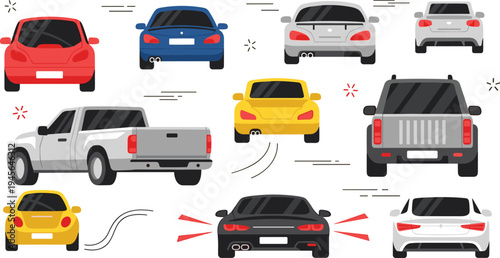 Modern cars rear view driving collection with sedan pickup suv and sports vehicles motion concept flat vector illustration isolated background