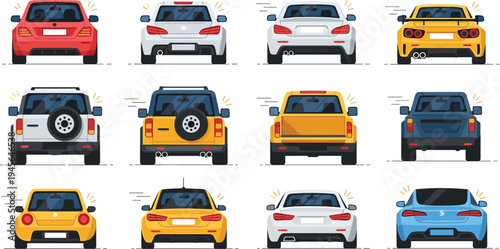 Set of modern cars rear view collection including sedan suv hatchback and sports vehicles flat vector illustration isolated on light background