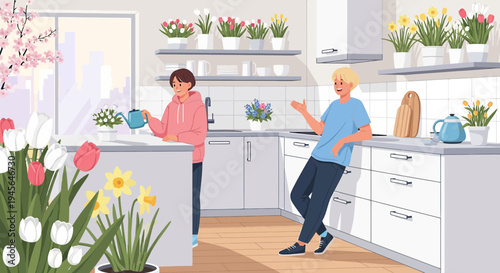 Couple Watering Flowers in Modern Kitchen with Spring Blooms