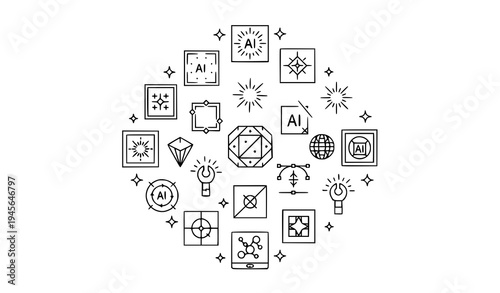 AI sparkles generate icon set with square shapes thin line vector symbols for artificial intelligence creativity