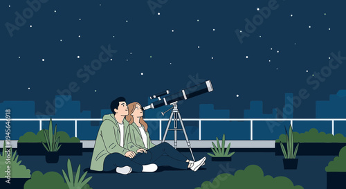 Couple Stargazing with Telescope on Rooftop Night Sky Cityscape