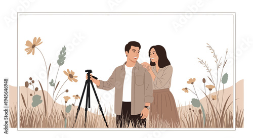 Couple Taking Photos in Meadow with Wildflowers and Camera on Tripod