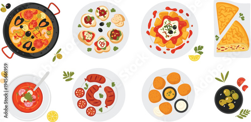 Spanish cuisine traditional dishes top view set with paella tapas chorizo soup croquettes tortilla and Mediterranean food flat vector illustration