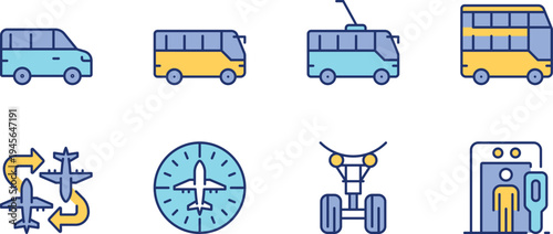 Illustrations of various modes of transportation and travel-related symbols