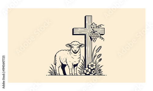 Christian Cross with Lamb Grapes and Wheat Illustration