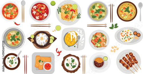 Colorful Asian food dishes top view collection including noodles soup rice sushi skewers and traditional meals flat vector illustration isolated on light background
