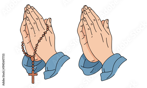 Praying Hands Illustration Set with Rosary and Cross