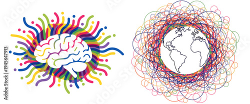A colorful vector graphic illustration of a brain and a globe surrounded by vibrant lines and circles, representing creativity and global connection.