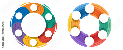 A colorful vector graphic illustration of two circular designs with multicolored segments and white circles