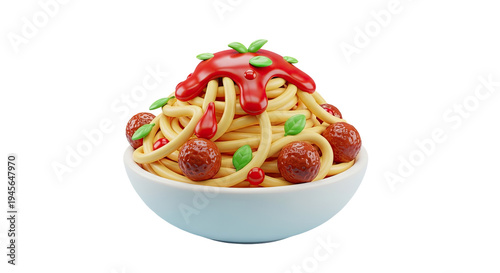 Stylized Bowl of Spaghetti and Meatballs with Tomato Sauce