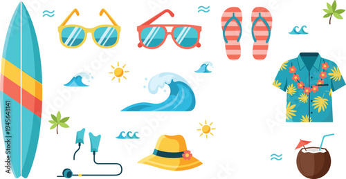 Summer beach vacation elements set with surfboard sunglasses flip flops tropical shirt coconut drink and ocean waves flat vector illustration