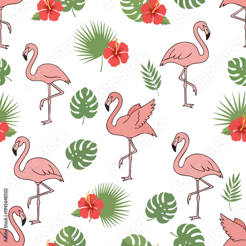 Pattern of pink flamingos and tropical leaves with red hibiscus flowers