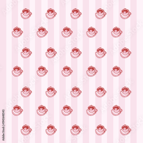 Seamless Teacup Pattern on Pink Stripes Background, Cute Hand Drawn Tea Cup and Saucer Vector, Trendy Coquette Aesthetic Design for Afternoon Tea Party Decor, Nursery Textiles, Feminine Gift Wrapping 