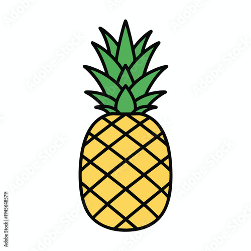Stylized yellow fruit with green spiky leaves atop, on white background