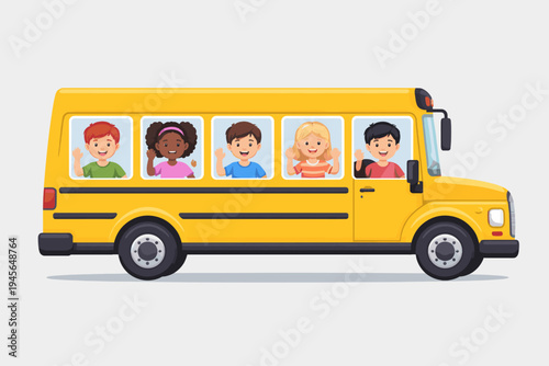 Yellow School Bus with Happy Diverse Children Waving from Windows, Flat Vector Illustration of Kids Going Back to School, Educational Transportation Concept Isolated on Light Gray Background