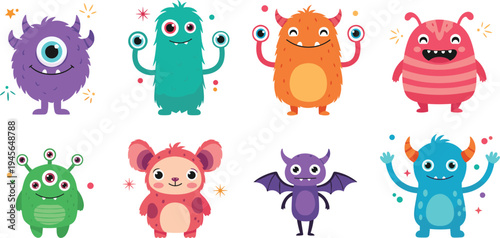 Cute cartoon monster characters set colorful funny fantasy creatures collection for kids design stickers mascot and children illustration flat vector