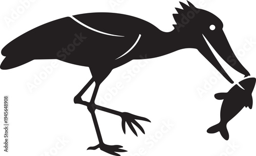 Black Silhouette of Shoebill Stork Bird Catching Fish Vector Icon Design