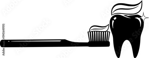 Solid black silhouette of a toothbrush with toothpaste and a clean tooth, minimalist dental hygiene and oral healthcare vector illustration.