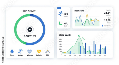 Fitness Tracker Dashboard Displaying Activity, Heart Rate, and Sleep Data.