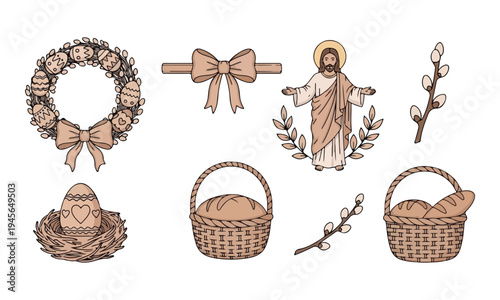Christian Easter Icons Set with Jesus Bread and Eggs