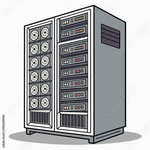A large server cabinet with multiple computer servers