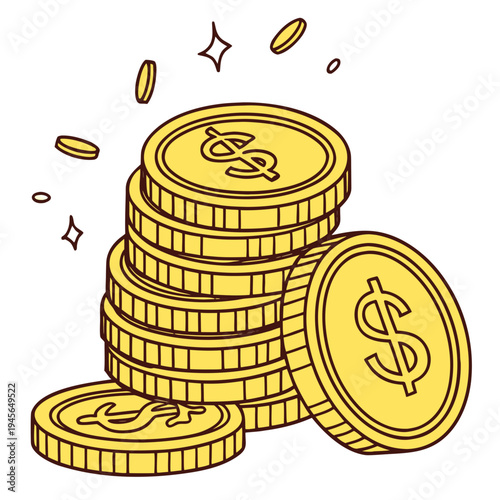 A stack of gold coins with dollar signs