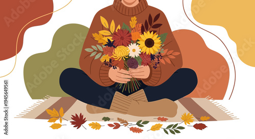 Cozy Autumn Scene: Person Holding Bouquet, Falling Leaves, Warm Colors
