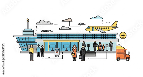 Airport Terminal Illustration with Plane and Passengers.