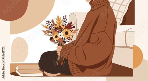 Cozy Autumn Scene: Person in Sweater with Bouquet, Abstract Shapes, Warm Tones