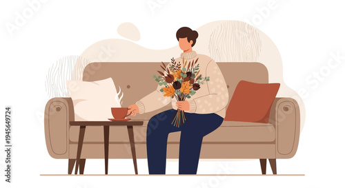 Cozy Autumn Scene: Person with Bouquet and Coffee on Sofa