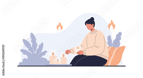 Cozy Atmosphere: Woman Lighting Candles for Relaxation and Ambiance