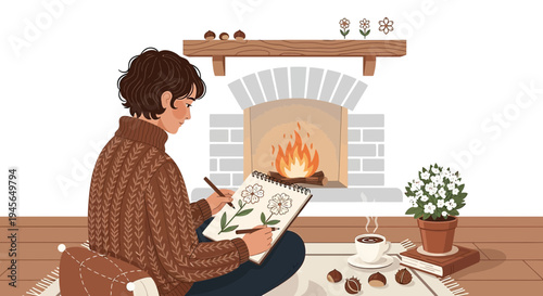 Cozy Artist Drawing Flowers by Fireplace with Coffee