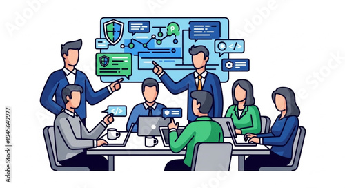 Team Meeting Discussing Cybersecurity Strategy and Data Protection Measures.