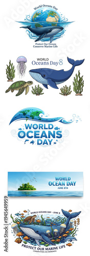 Collection of logos for world oceans day featuring ocean creatures and earth.