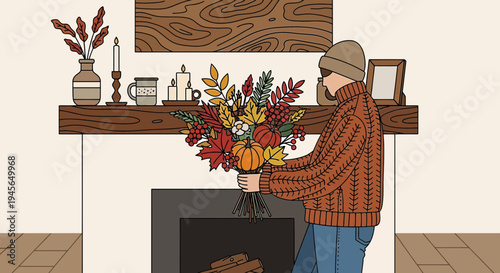 Cozy Autumn Scene: Person Arranging Fall Flowers by Fireplace