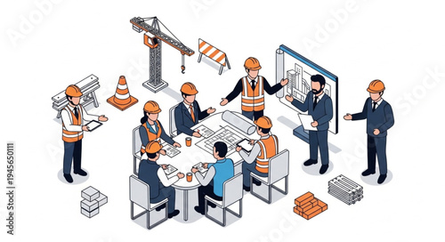 Construction Team Meeting - Blueprint Review and Project Planning.