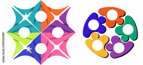 A colorful vector graphic illustration of two sets of interconnected shapes in a modern flat design style