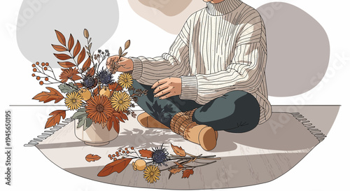 Cozy Autumn Scene: Person Arranging Fall Flowers on Rug