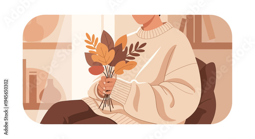 Cozy Autumn Scene: Person Holding Bouquet in Warm, Muted Tones
