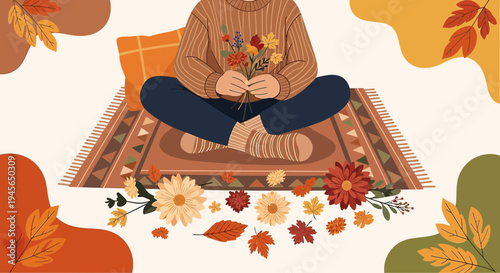 Cozy Autumn Scene: Person Holding Bouquet on Rug Surrounded by Fall Leaves